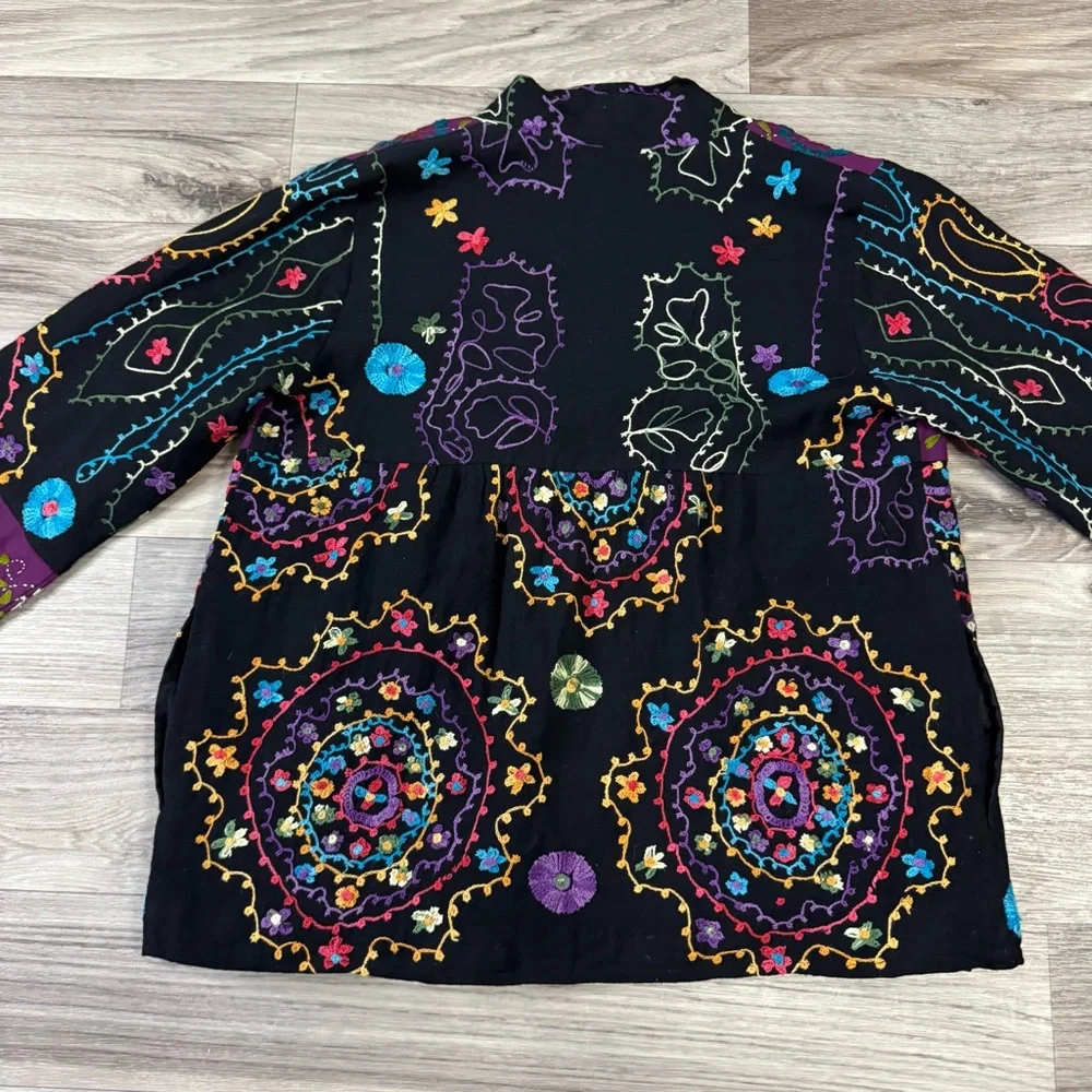 Anu Floral Embroidered Wool Blend Open Front Cardigan Jacket Size Small